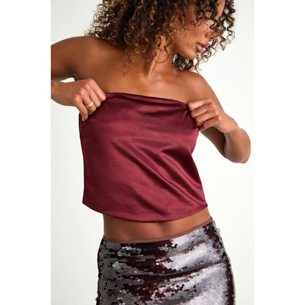Lulus Devine Burgundy Satin Strapless Crop Top Red - Size L